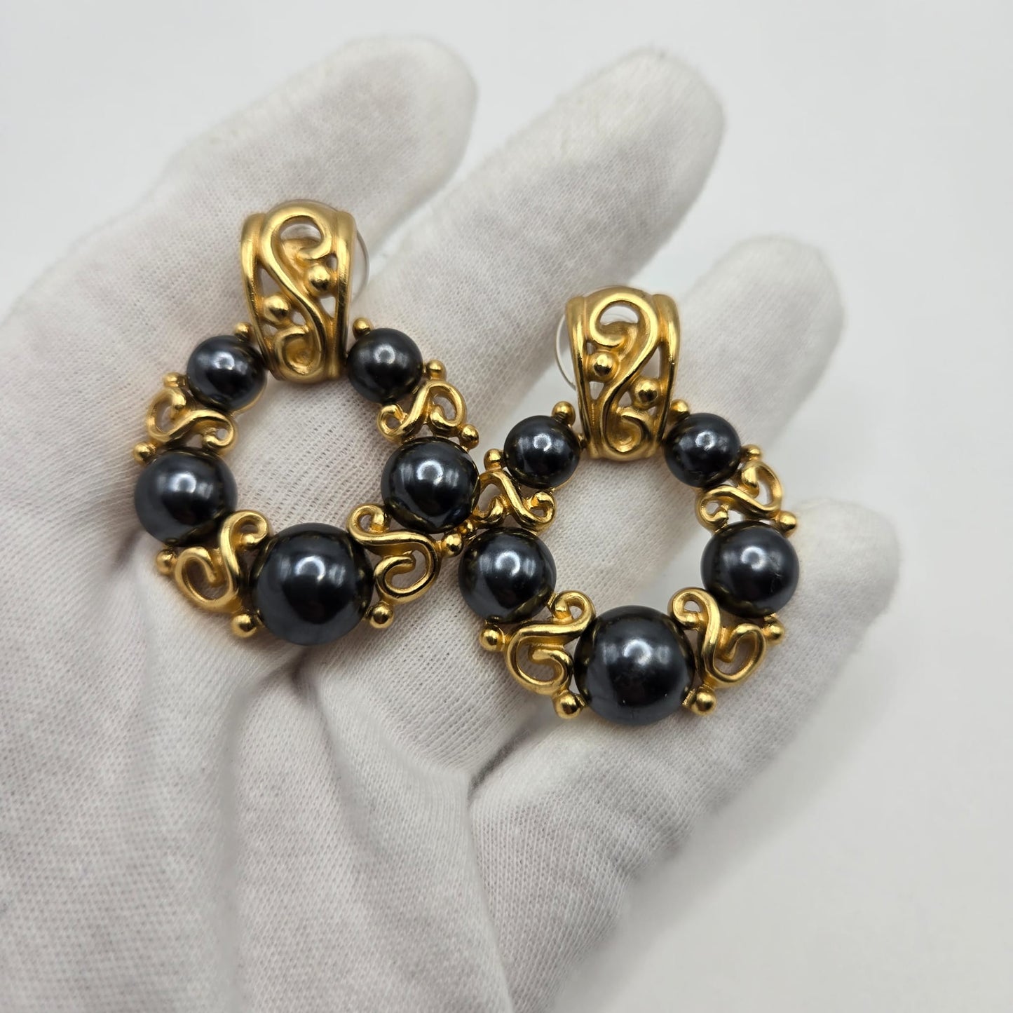 Vintage MONET Door Knocker, Faux Black Pearls, Gold Tone Pierced Earrings