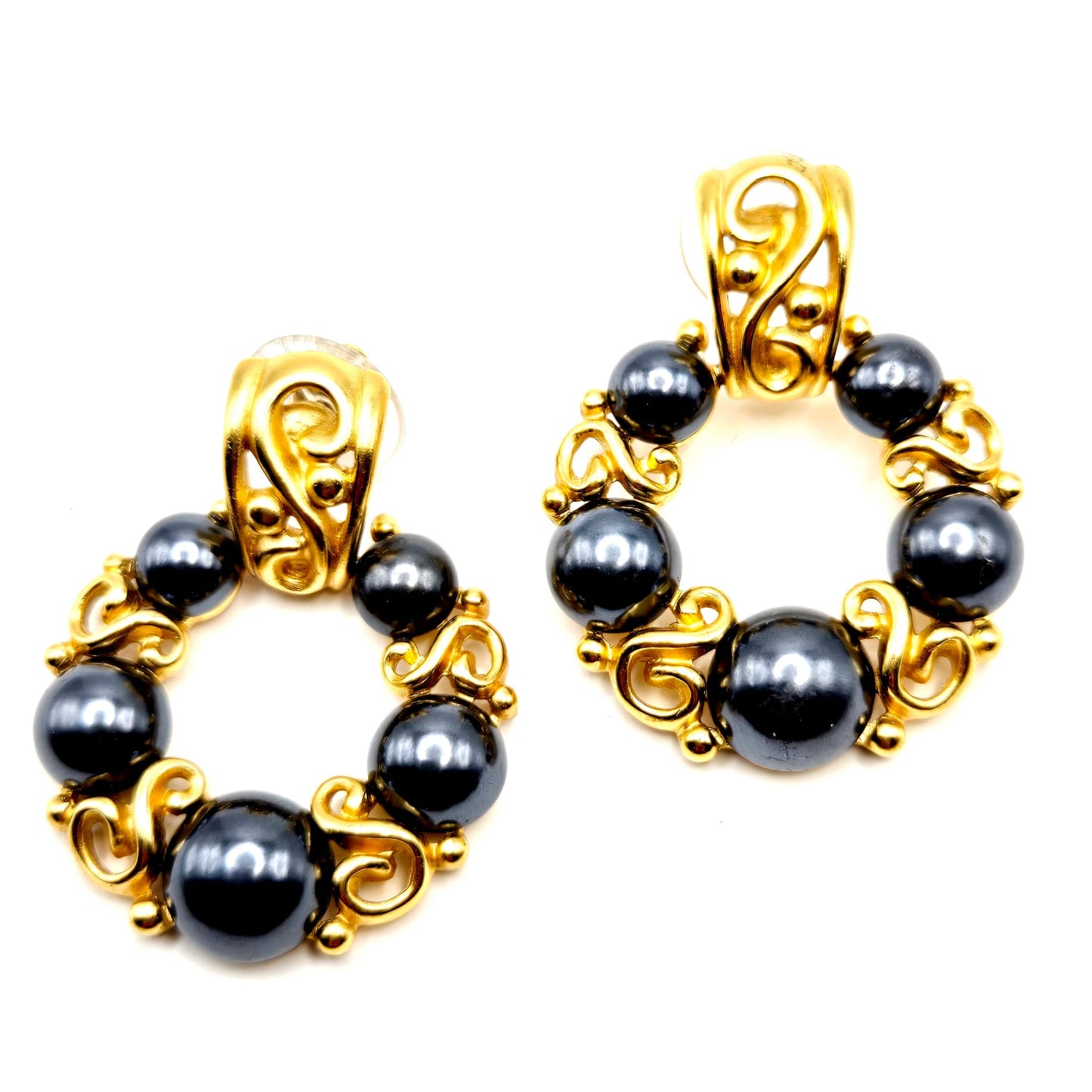 Vintage MONET Door Knocker, Faux Black Pearls, Gold Tone Pierced Earrings