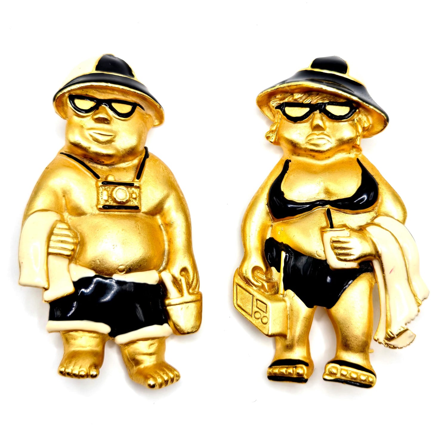 Vintage AJC Signed huge funny beach man and women set gold tone black enamel Brooch pins