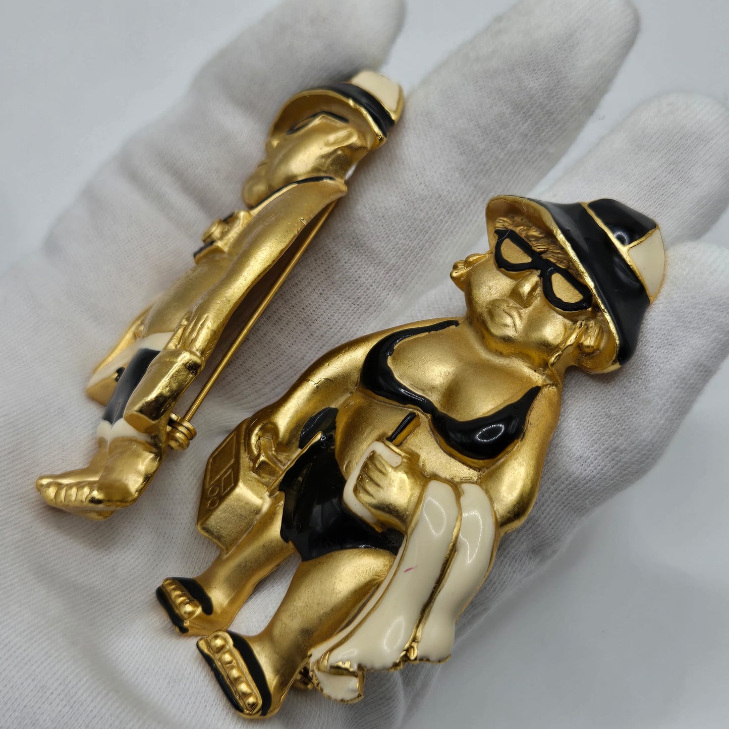 Vintage AJC Signed huge funny beach man and women set gold tone black enamel Brooch pins