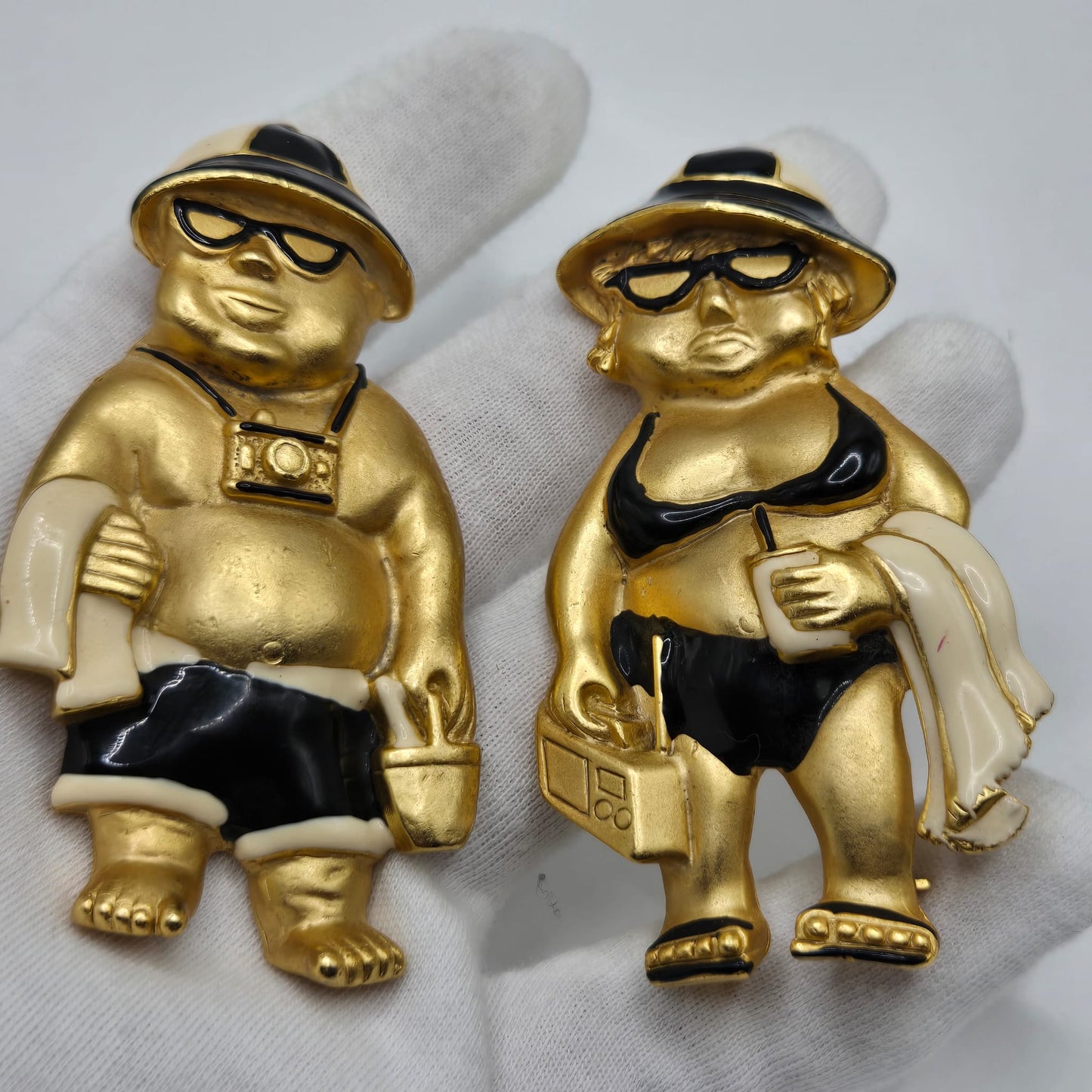 Vintage AJC Signed huge funny beach man and women set gold tone black enamel Brooch pins