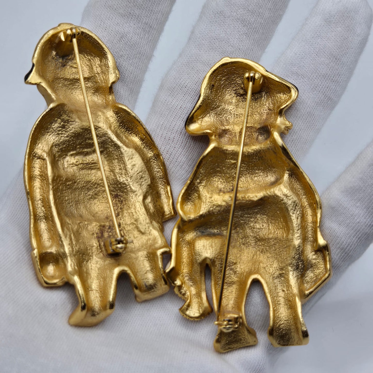 Vintage AJC Signed huge funny beach man and women set gold tone black enamel Brooch pins