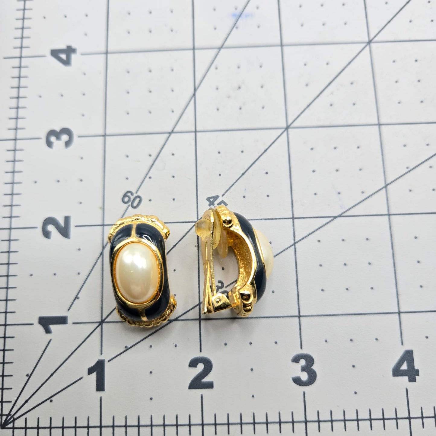 Vintage BURBERRY Navy Blue Enamel Clip Earrings with Faux Pearl, gold tone