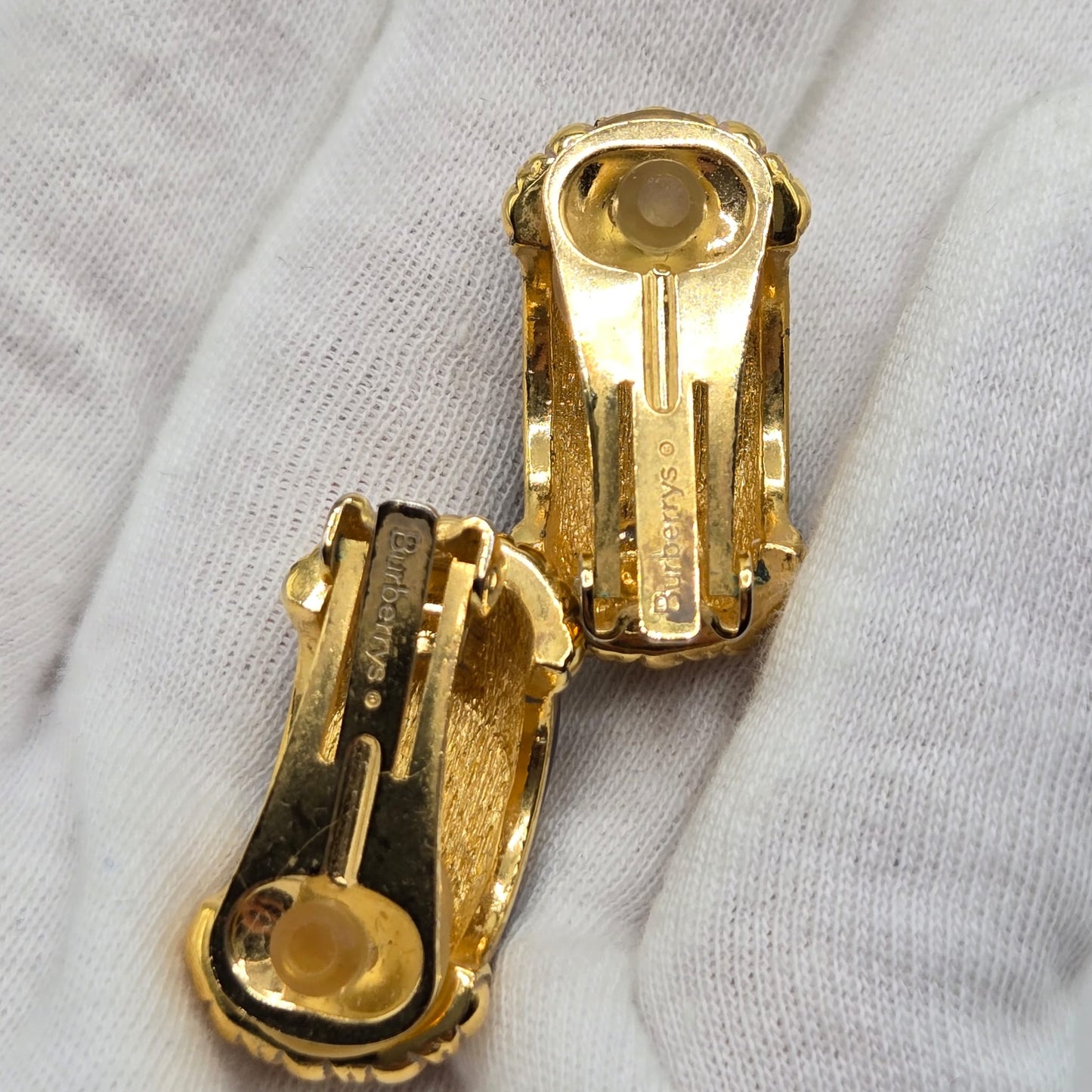 Vintage BURBERRY Navy Blue Enamel Clip Earrings with Faux Pearl, gold tone