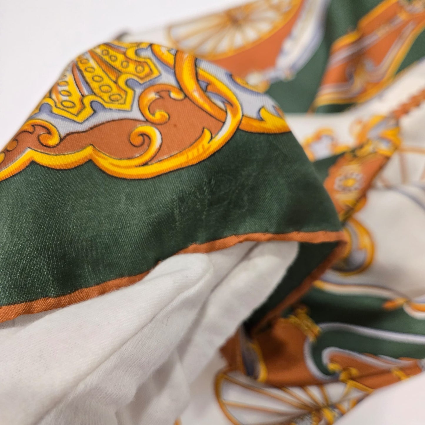 Vintage CARRIAGES Silk scarf hand rolled green brown gold 30x30