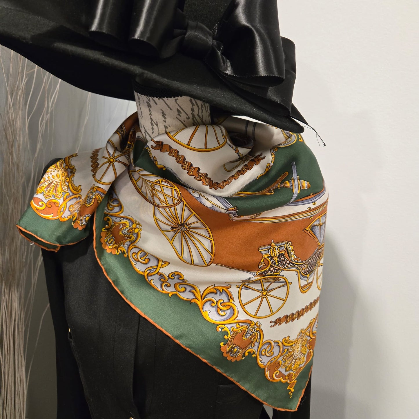Vintage CARRIAGES Silk scarf hand rolled green brown gold 30x30