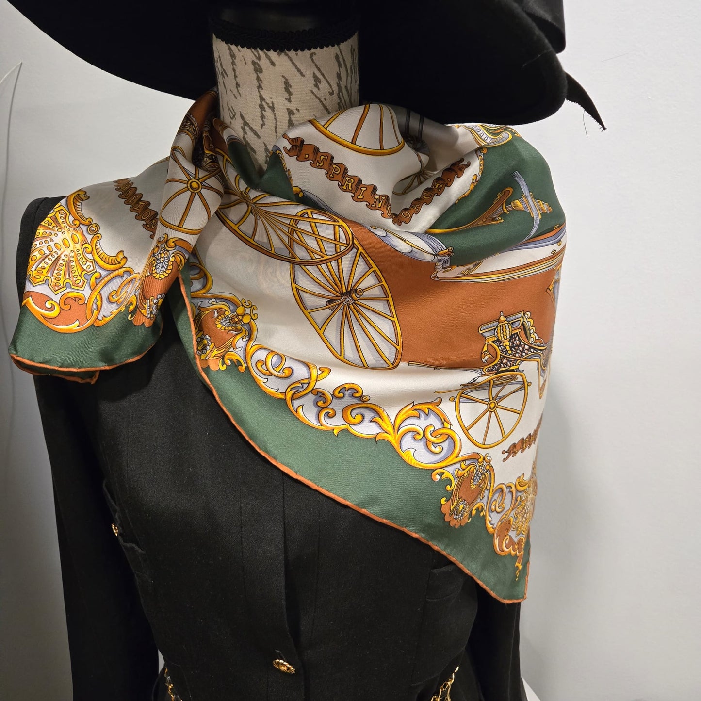 Vintage CARRIAGES Silk scarf hand rolled green brown gold 30x30