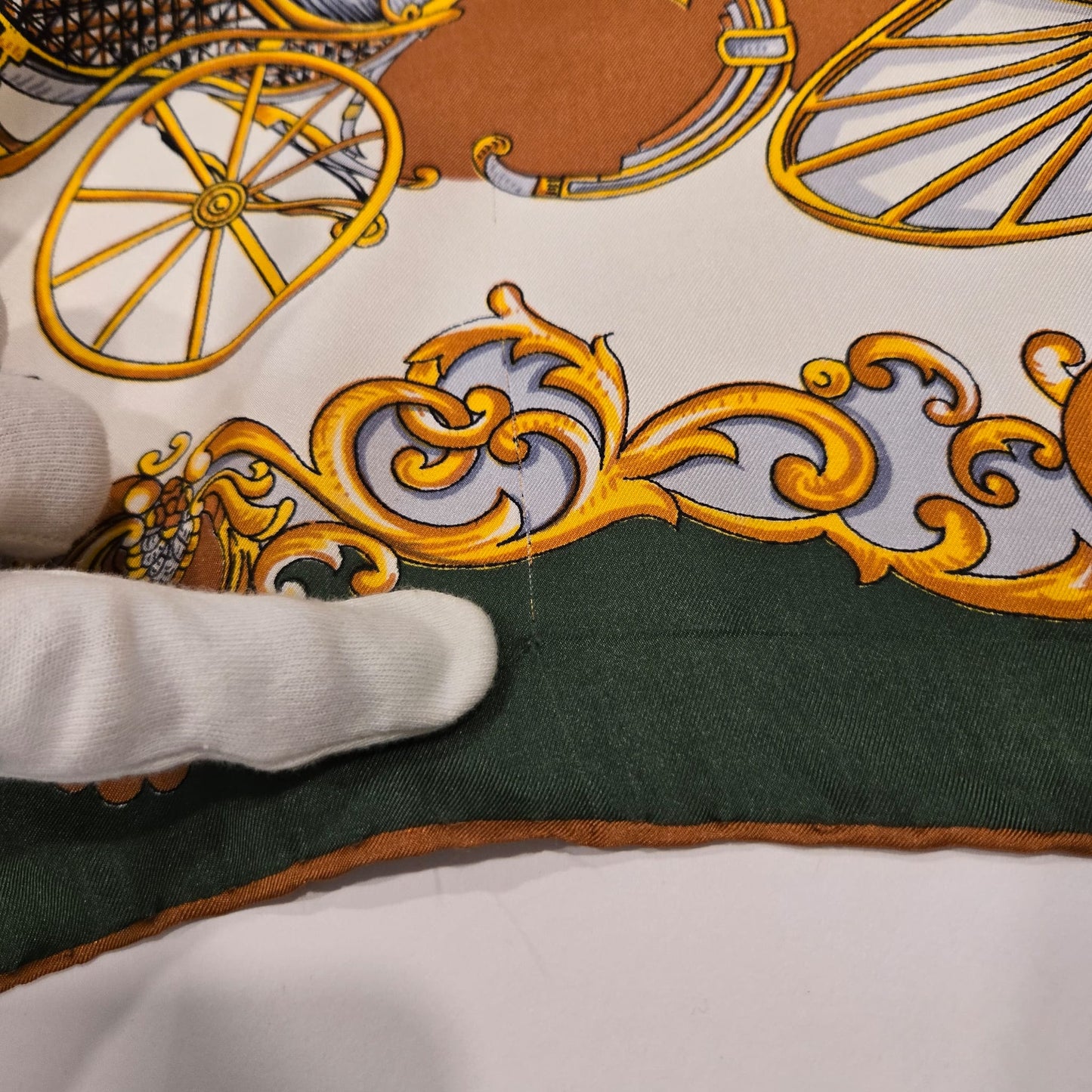Vintage CARRIAGES Silk scarf hand rolled green brown gold 30x30
