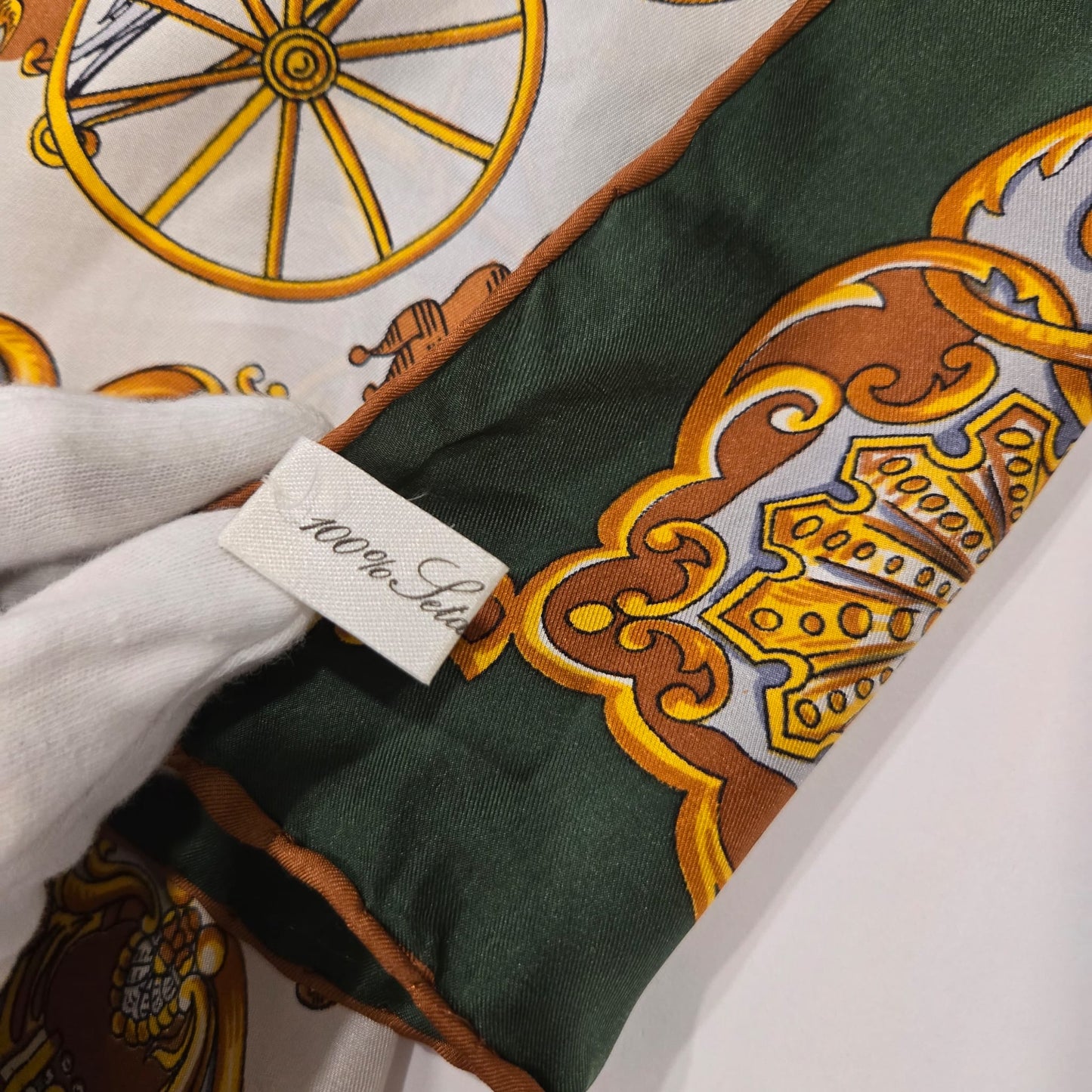 Vintage CARRIAGES Silk scarf hand rolled green brown gold 30x30