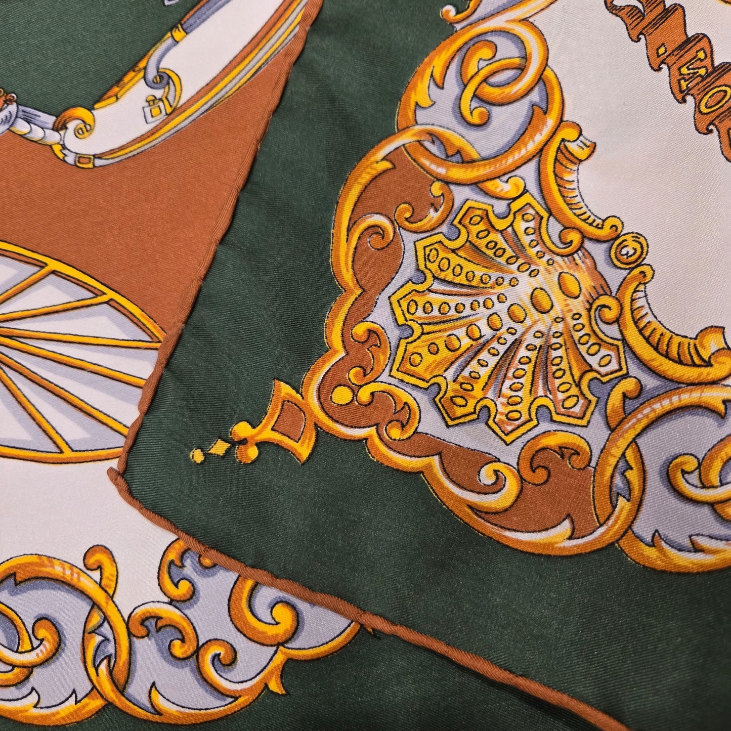 Vintage CARRIAGES Silk scarf hand rolled green brown gold 30x30