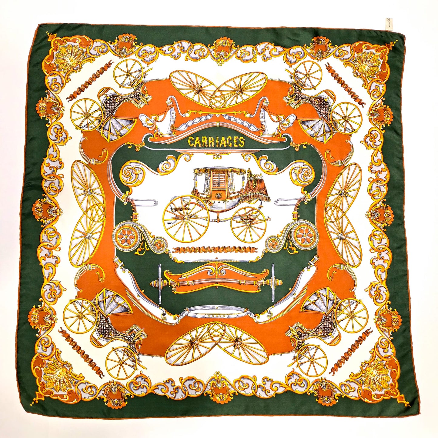 Vintage CARRIAGES Silk scarf hand rolled green brown gold 30x30