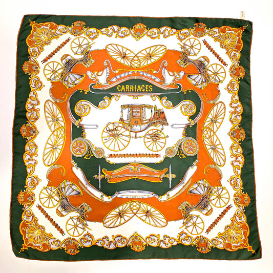 Vintage CARRIAGES Silk scarf hand rolled green brown gold 30x30