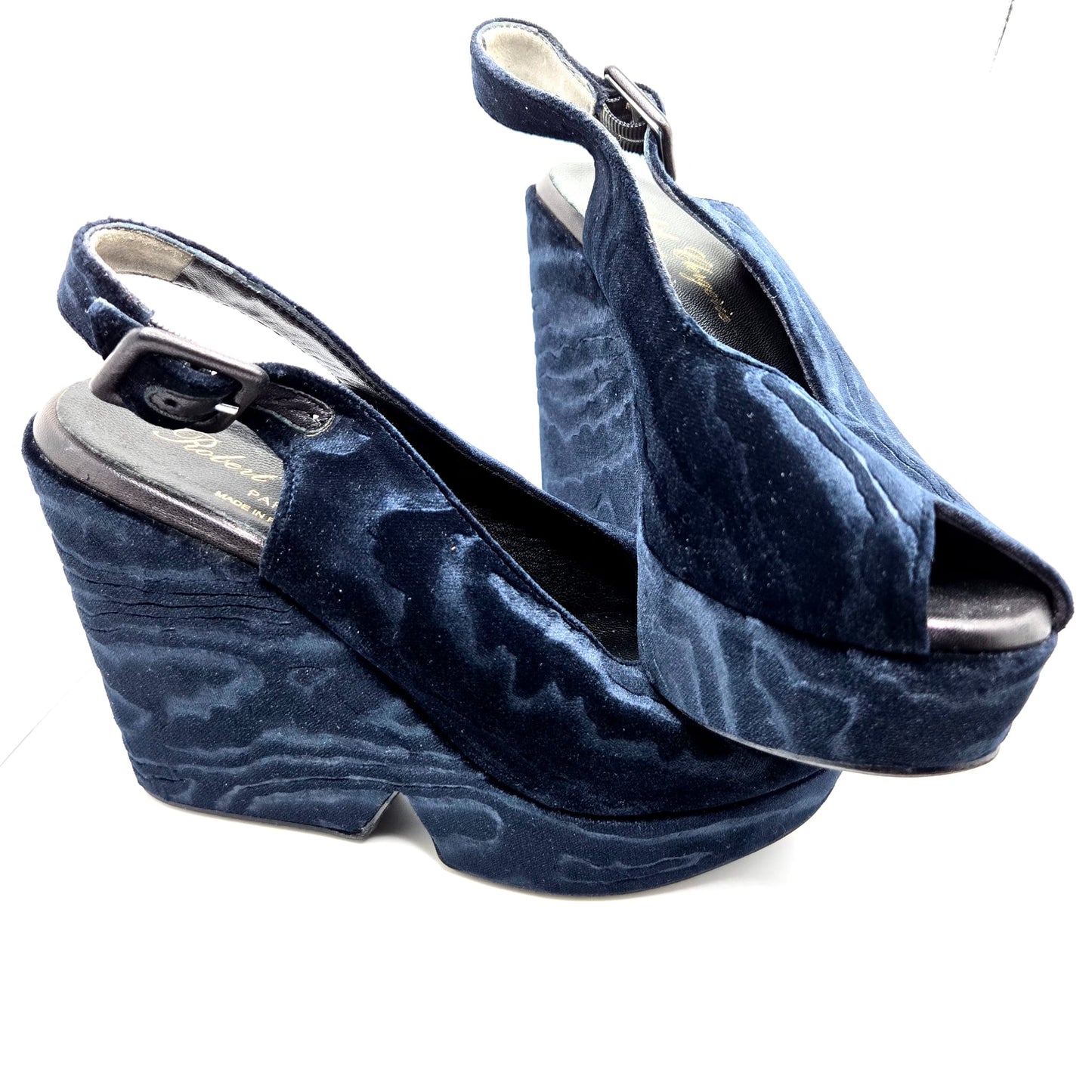 Vintage ROBERT CLERGERIE Dylan Midnight Blue Velvet Wedge Sandals Size 36