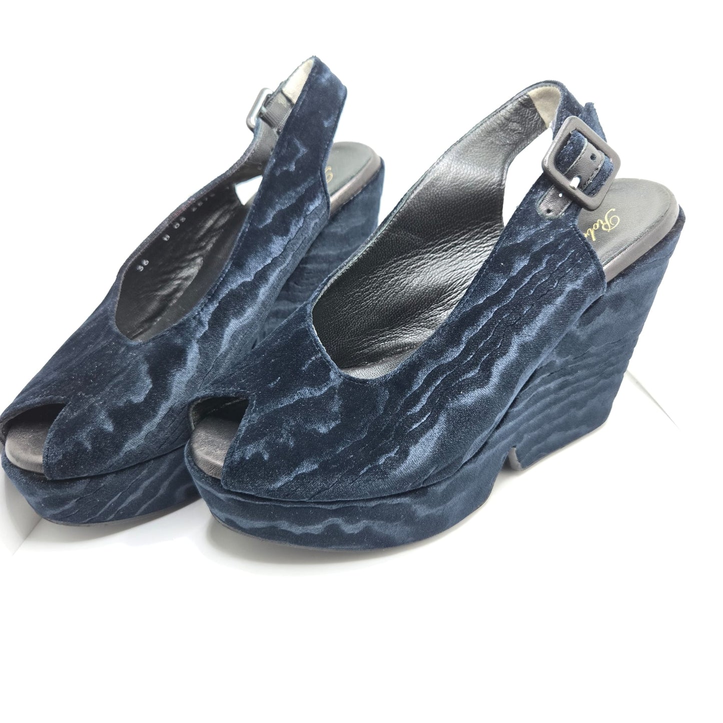 Vintage ROBERT CLERGERIE Dylan Midnight Blue Velvet Wedge Sandals Size 36