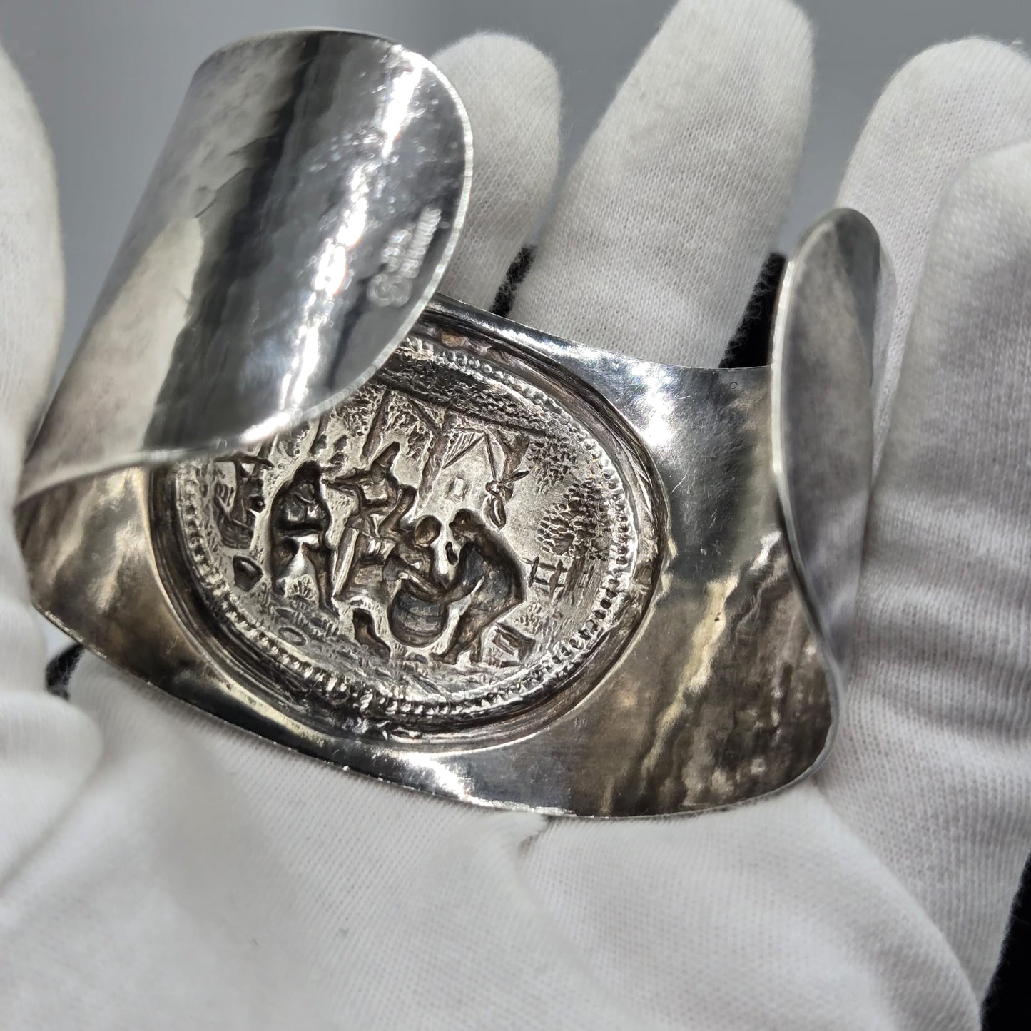 Vintage Jorgen Th. Steffensen Denmark signed wide silver tone cuff bracelet