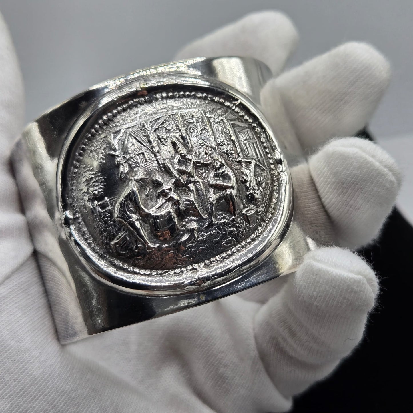 Vintage Jorgen Th. Steffensen Denmark signed wide silver tone cuff bracelet