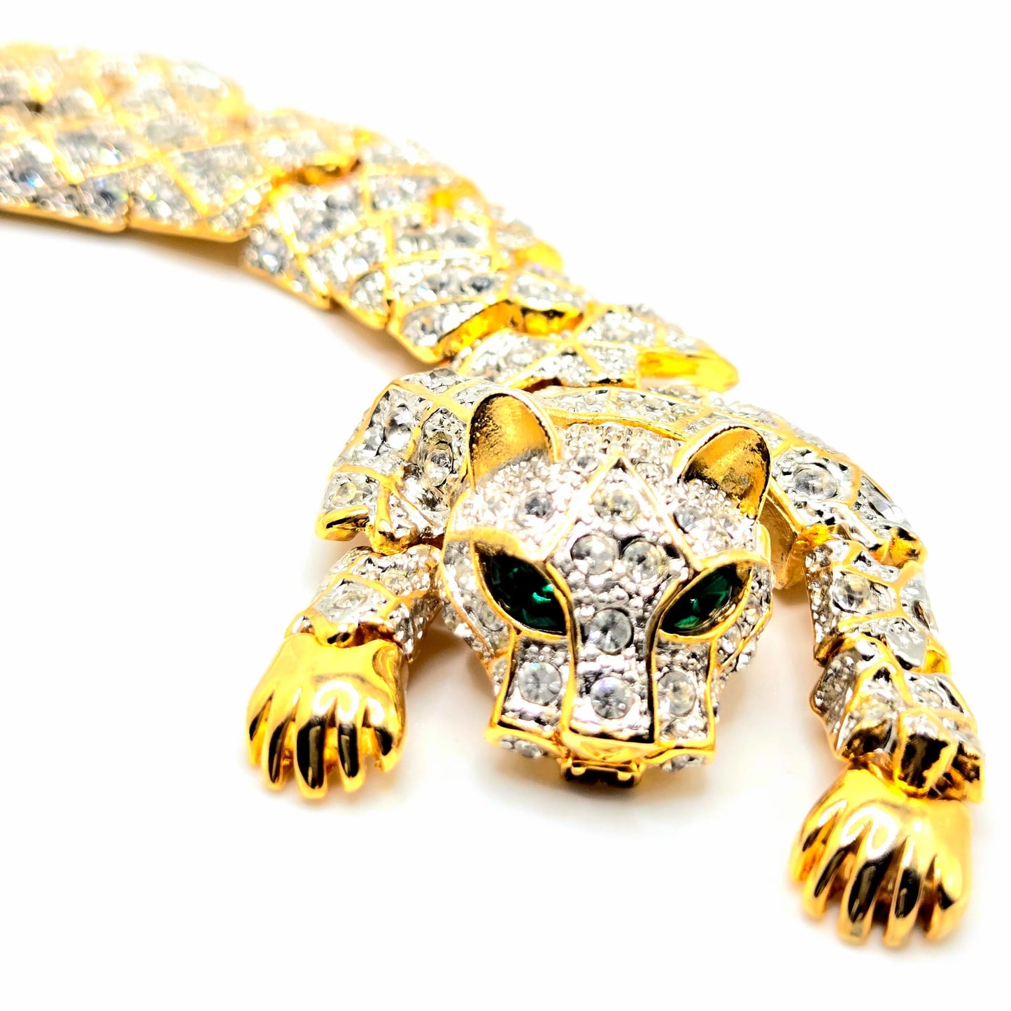 Vintage Articulating Panther Pave Rhinestone Chunky green eyes Cat Tiger  Cheetah Animal Figural Gold Tone Statement Jaguar Runway 80s Bracelet RARE