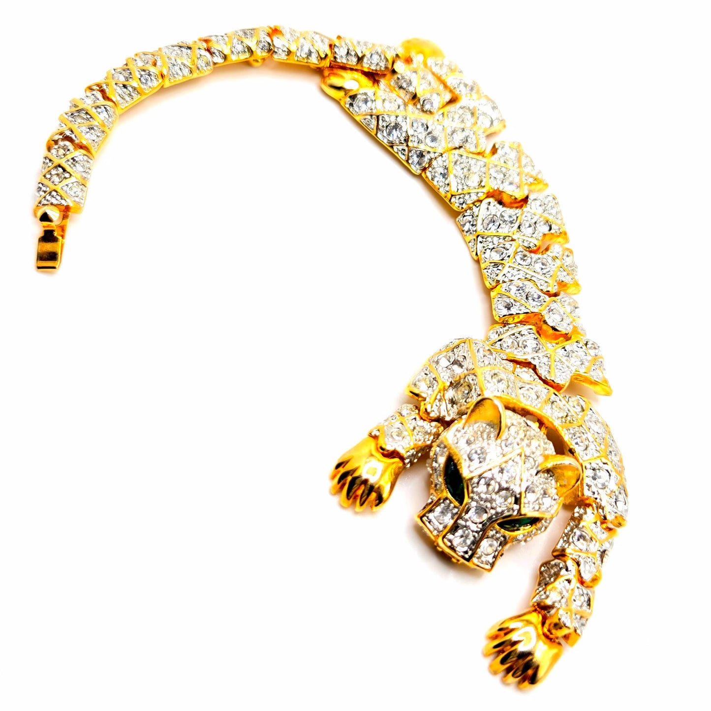 Vintage Articulating Panther Pave Rhinestone Chunky green eyes Cat Tiger  Cheetah Animal Figural Gold Tone Statement Jaguar Runway 80s Bracelet RARE