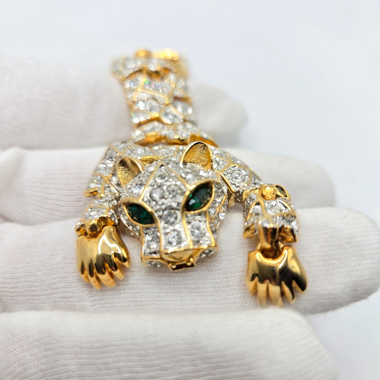 Vintage Articulating Panther Pave Rhinestone Chunky green eyes Cat Tiger  Cheetah Animal Figural Gold Tone Statement Jaguar Runway 80s Bracelet RARE