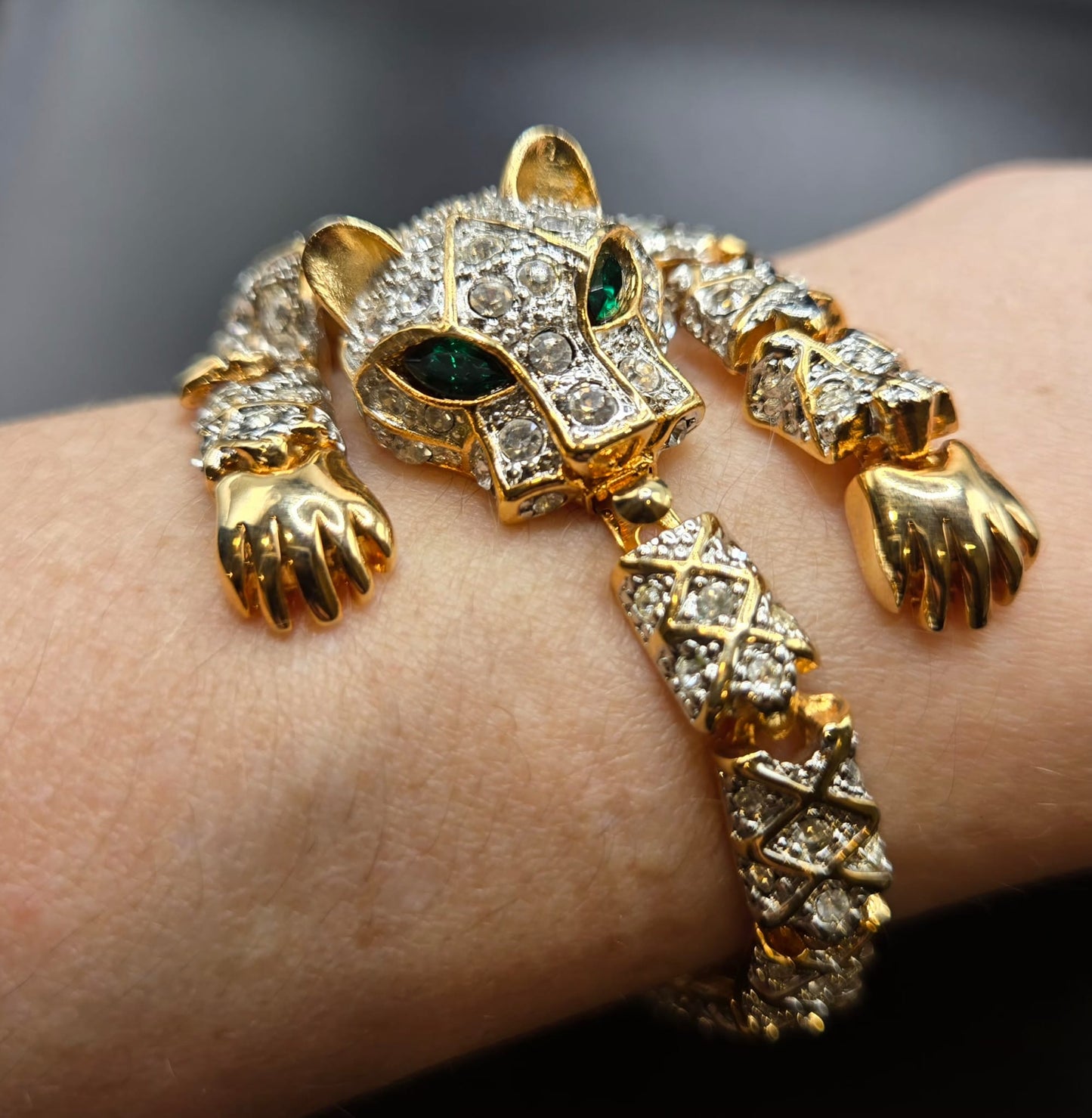 Vintage Articulating Panther Pave Rhinestone Chunky green eyes Cat Tiger  Cheetah Animal Figural Gold Tone Statement Jaguar Runway 80s Bracelet RARE