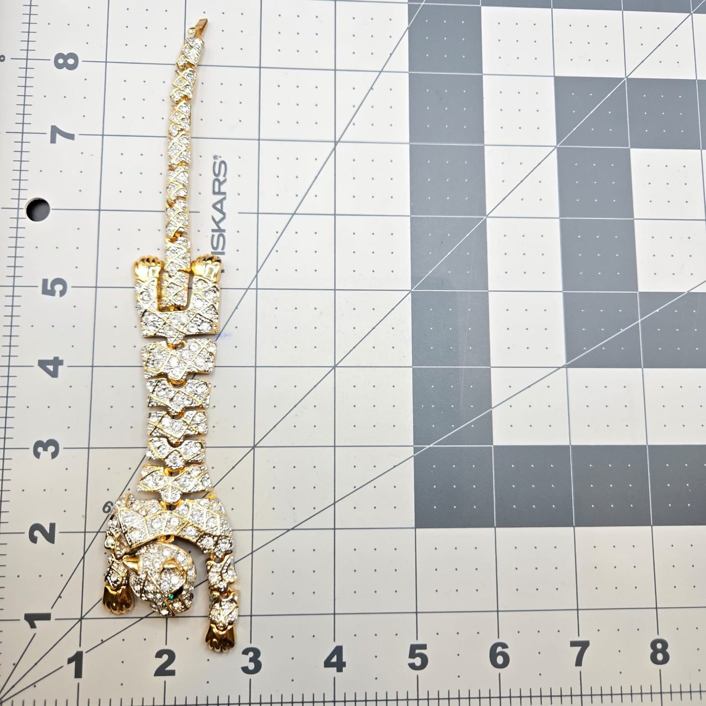 Vintage Articulating Panther Pave Rhinestone Chunky green eyes Cat Tiger  Cheetah Animal Figural Gold Tone Statement Jaguar Runway 80s Bracelet RARE