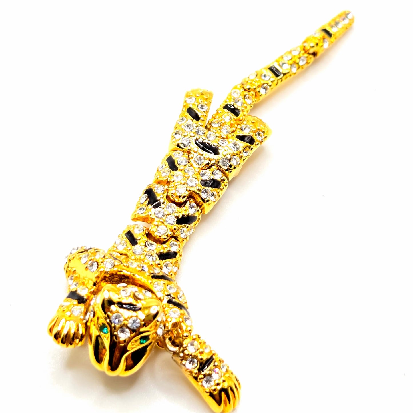 Vintage Articulated Jointed Cat Panther Cheetah Cougar Leopard Jaguar Over the Shoulder Brooch Pin Gold Tone Rhinestone