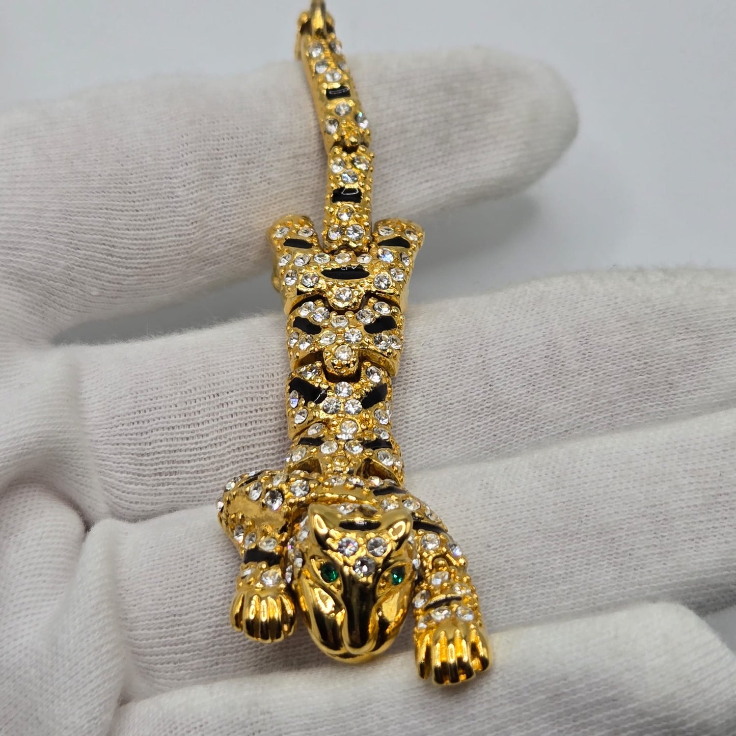 Vintage Articulated Jointed Cat Panther Cheetah Cougar Leopard Jaguar Over the Shoulder Brooch Pin Gold Tone Rhinestone