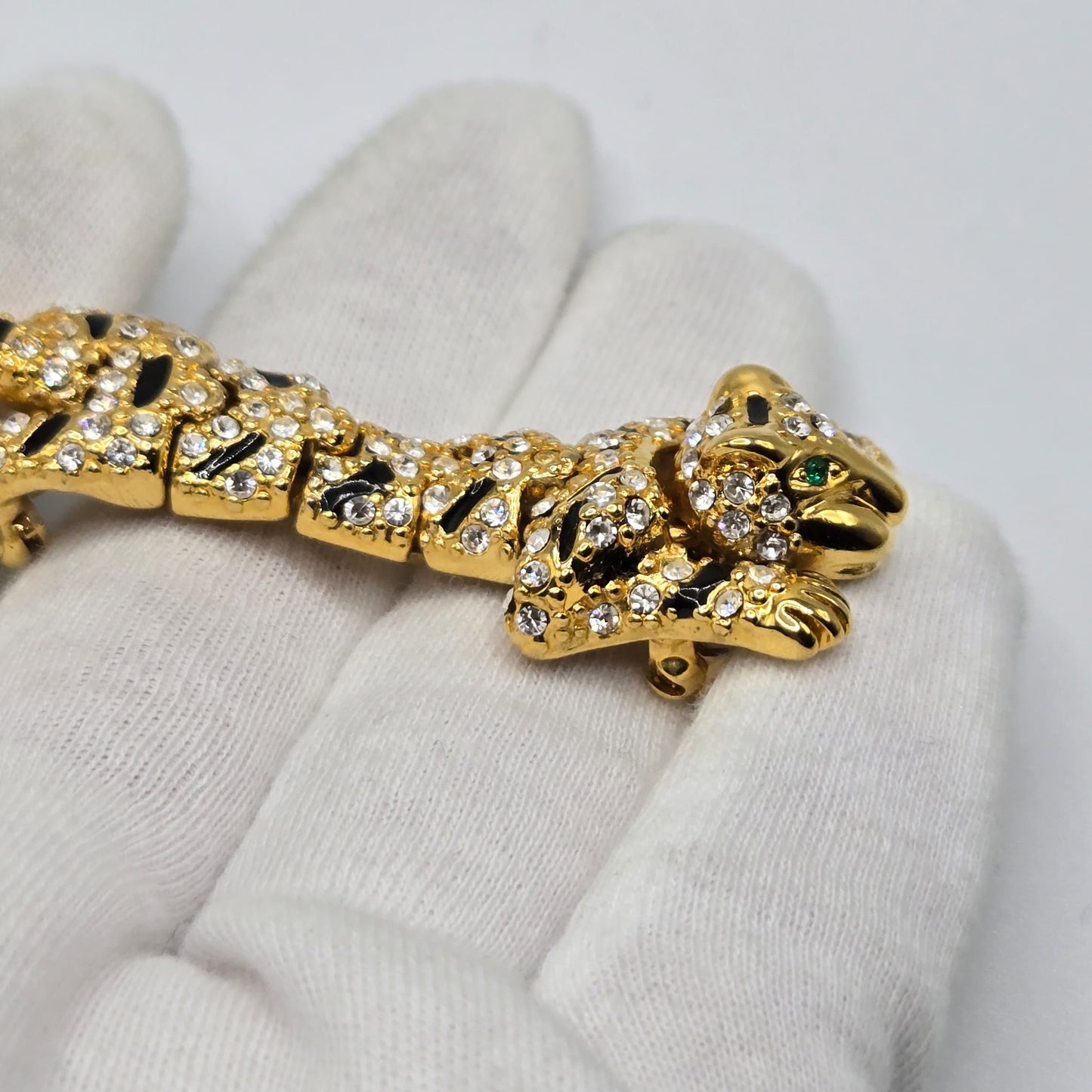 Vintage Articulated Jointed Cat Panther Cheetah Cougar Leopard Jaguar Over the Shoulder Brooch Pin Gold Tone Rhinestone