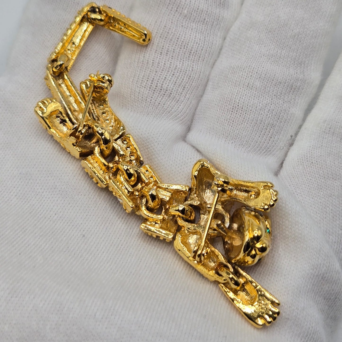 Vintage Articulated Jointed Cat Panther Cheetah Cougar Leopard Jaguar Over the Shoulder Brooch Pin Gold Tone Rhinestone