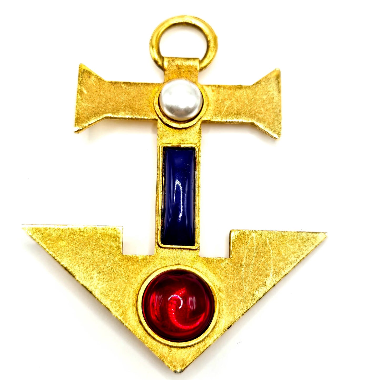 Vintage huge jeweled red blue Faux pearl Anchor, gold tone brooch pin