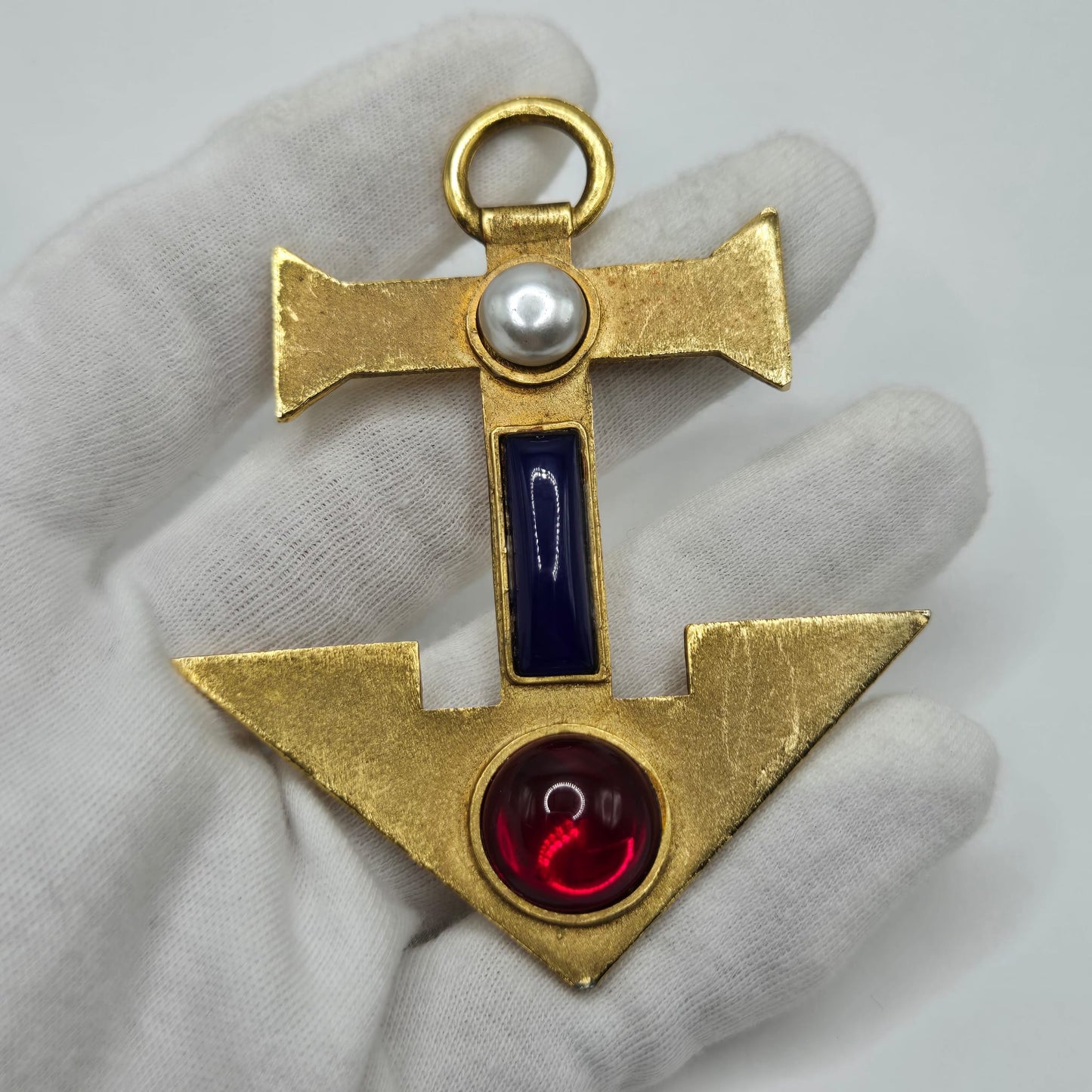 Vintage huge jeweled red blue Faux pearl Anchor, gold tone brooch pin
