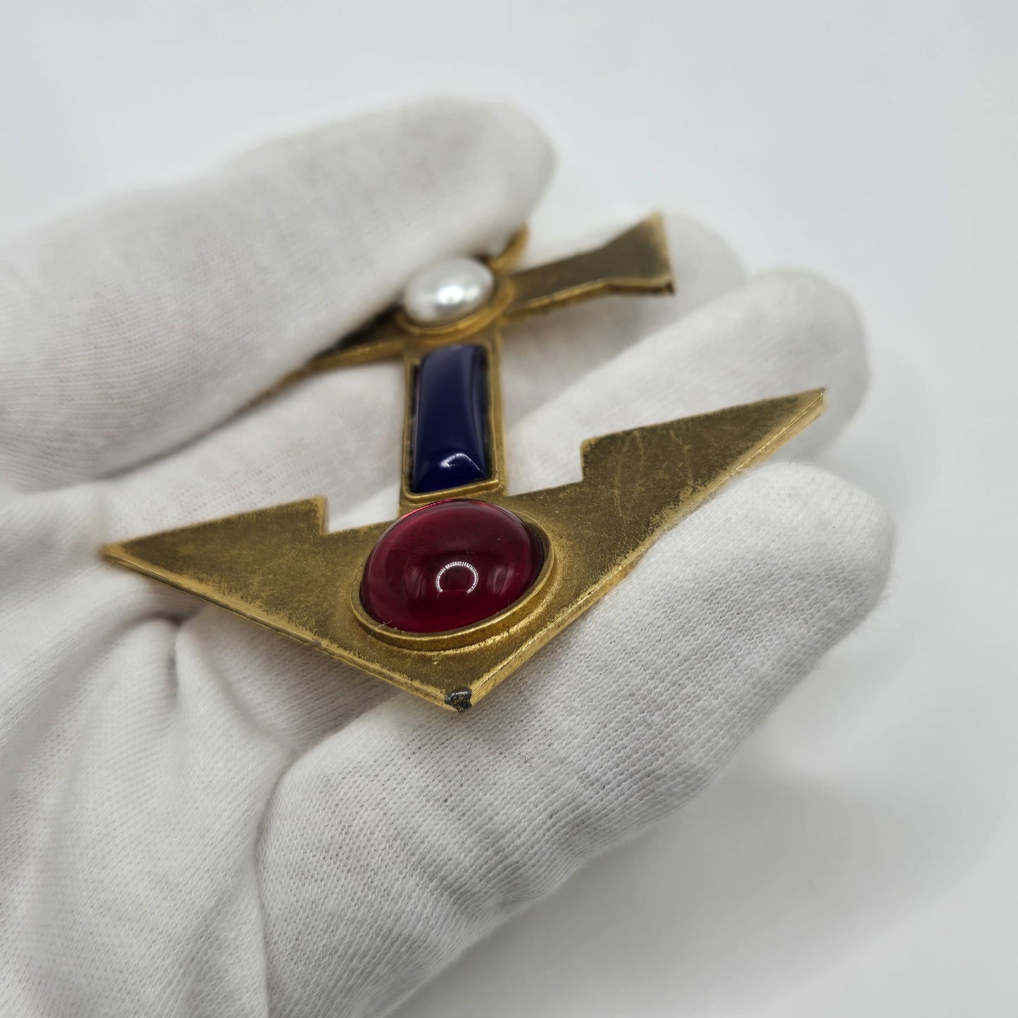 Vintage huge jeweled red blue Faux pearl Anchor, gold tone brooch pin