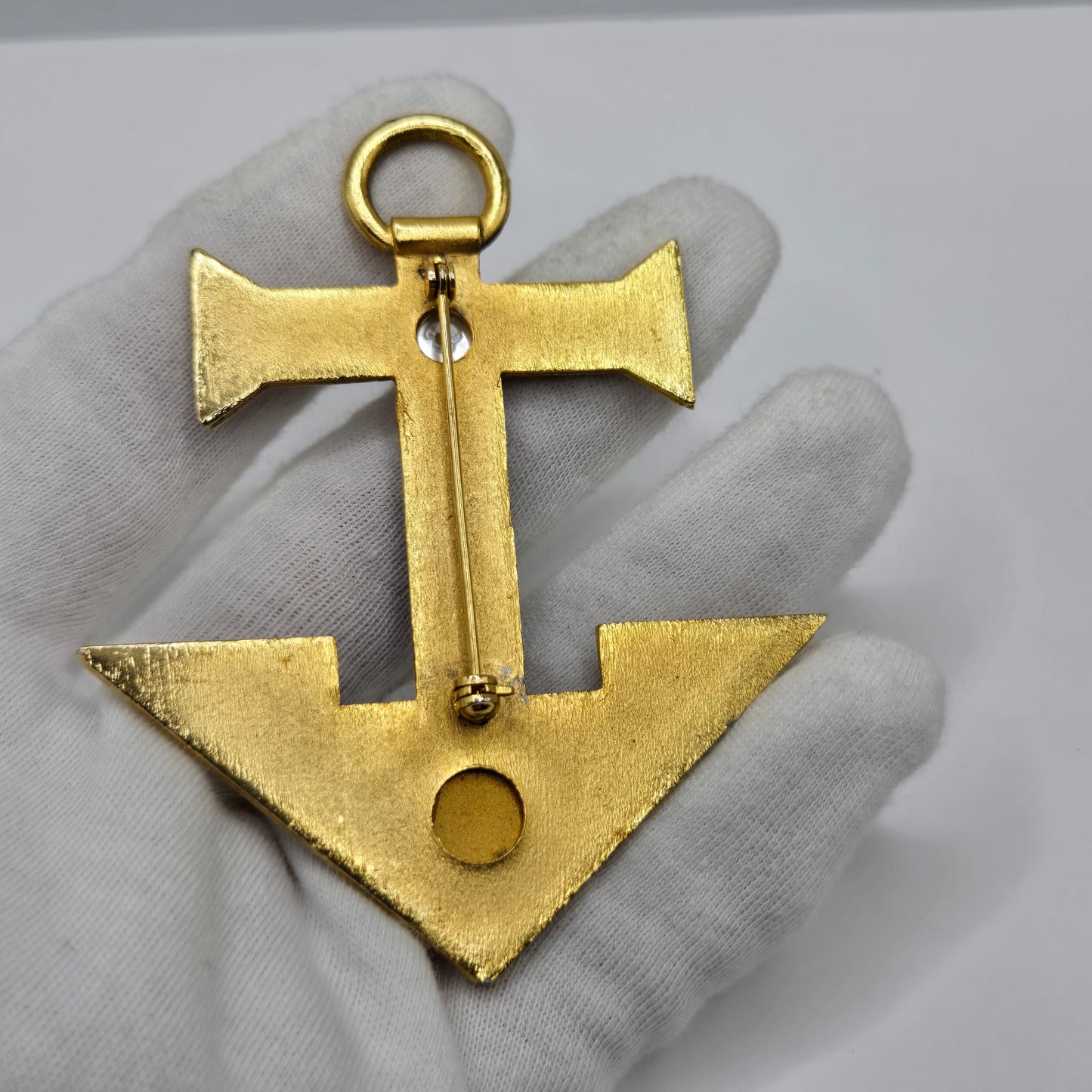 Vintage huge jeweled red blue Faux pearl Anchor, gold tone brooch pin