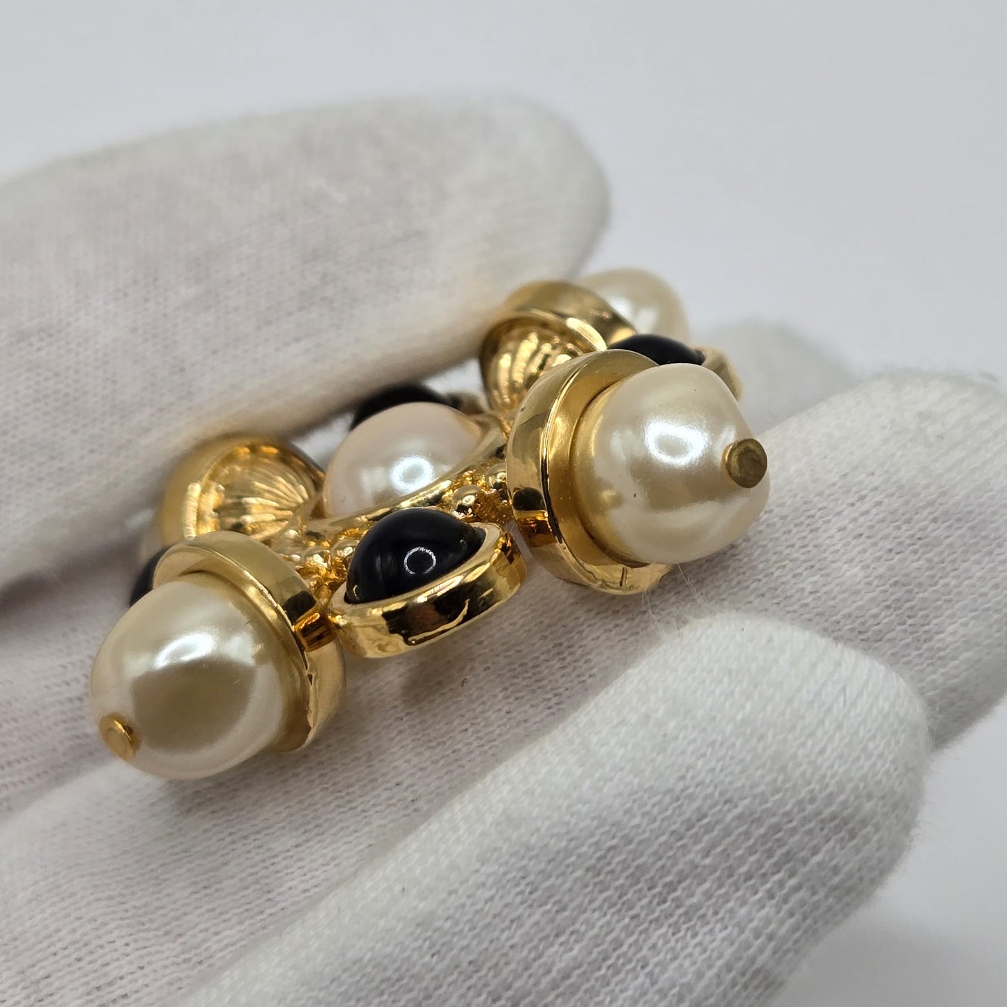 Vintage ST. JOHN Maltese Cross Gold tone Black Cabochons And Faux Pearls Classic Statement Brooch pin