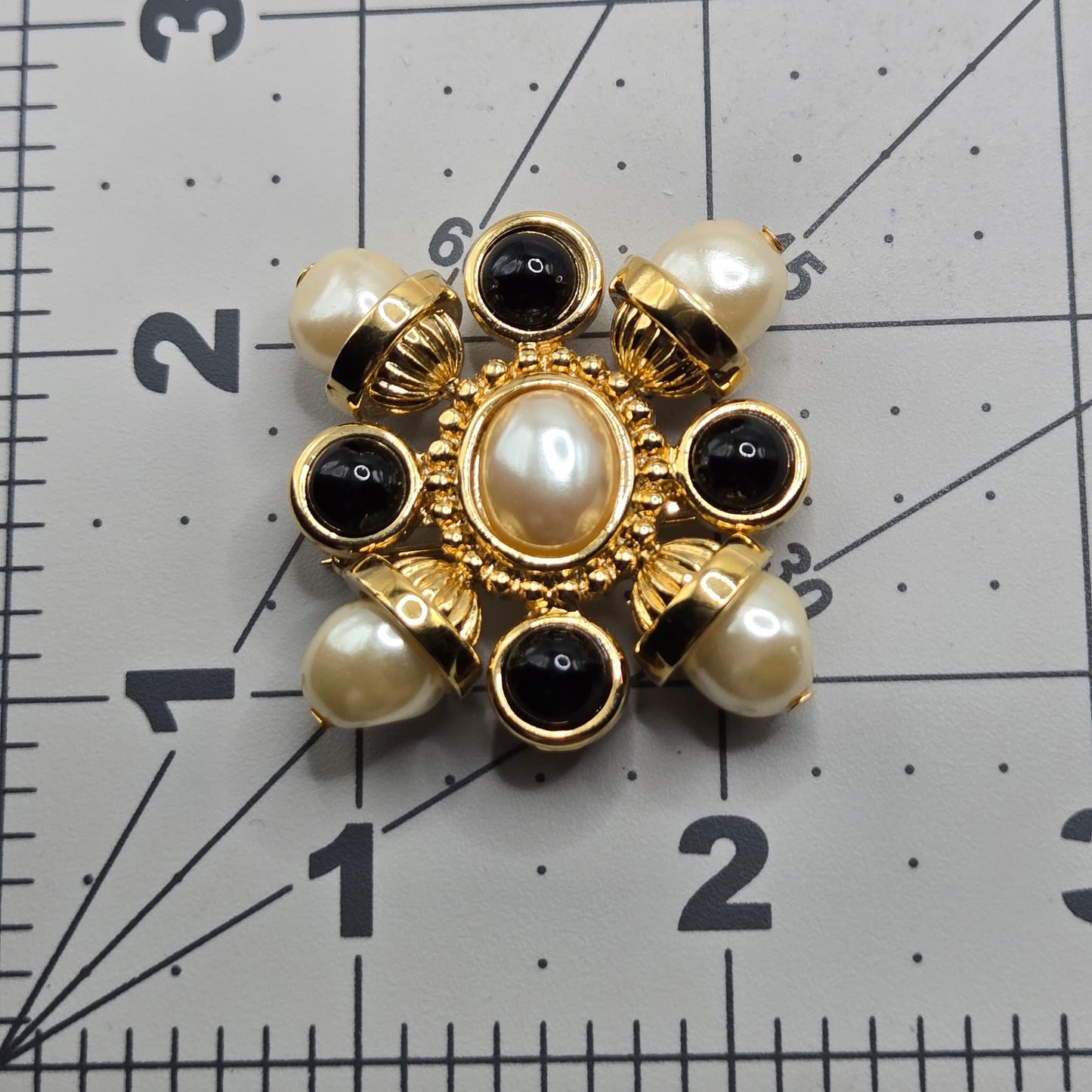 Vintage ST. JOHN Maltese Cross Gold tone Black Cabochons And Faux Pearls Classic Statement Brooch pin