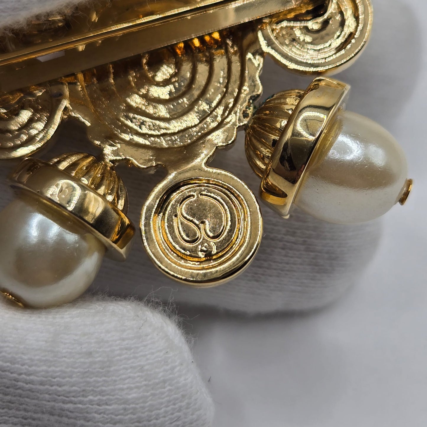 Vintage ST. JOHN Maltese Cross Gold tone Black Cabochons And Faux Pearls Classic Statement Brooch pin