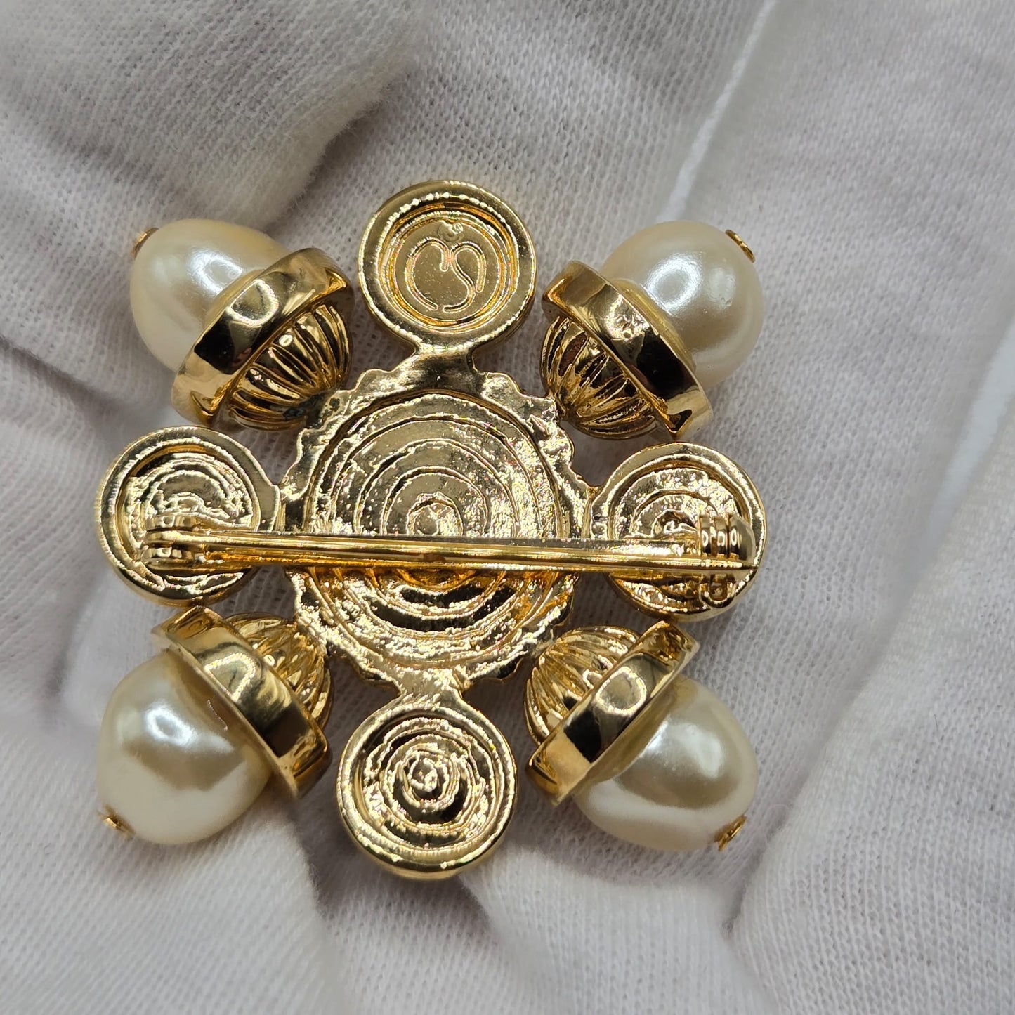 Vintage ST. JOHN Maltese Cross Gold tone Black Cabochons And Faux Pearls Classic Statement Brooch pin