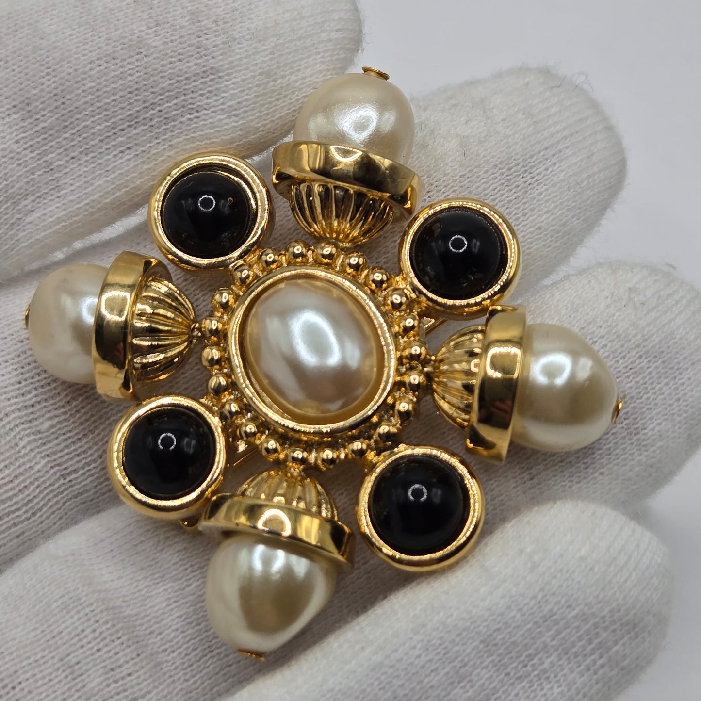 Vintage ST. JOHN Maltese Cross Gold tone Black Cabochons And Faux Pearls Classic Statement Brooch pin