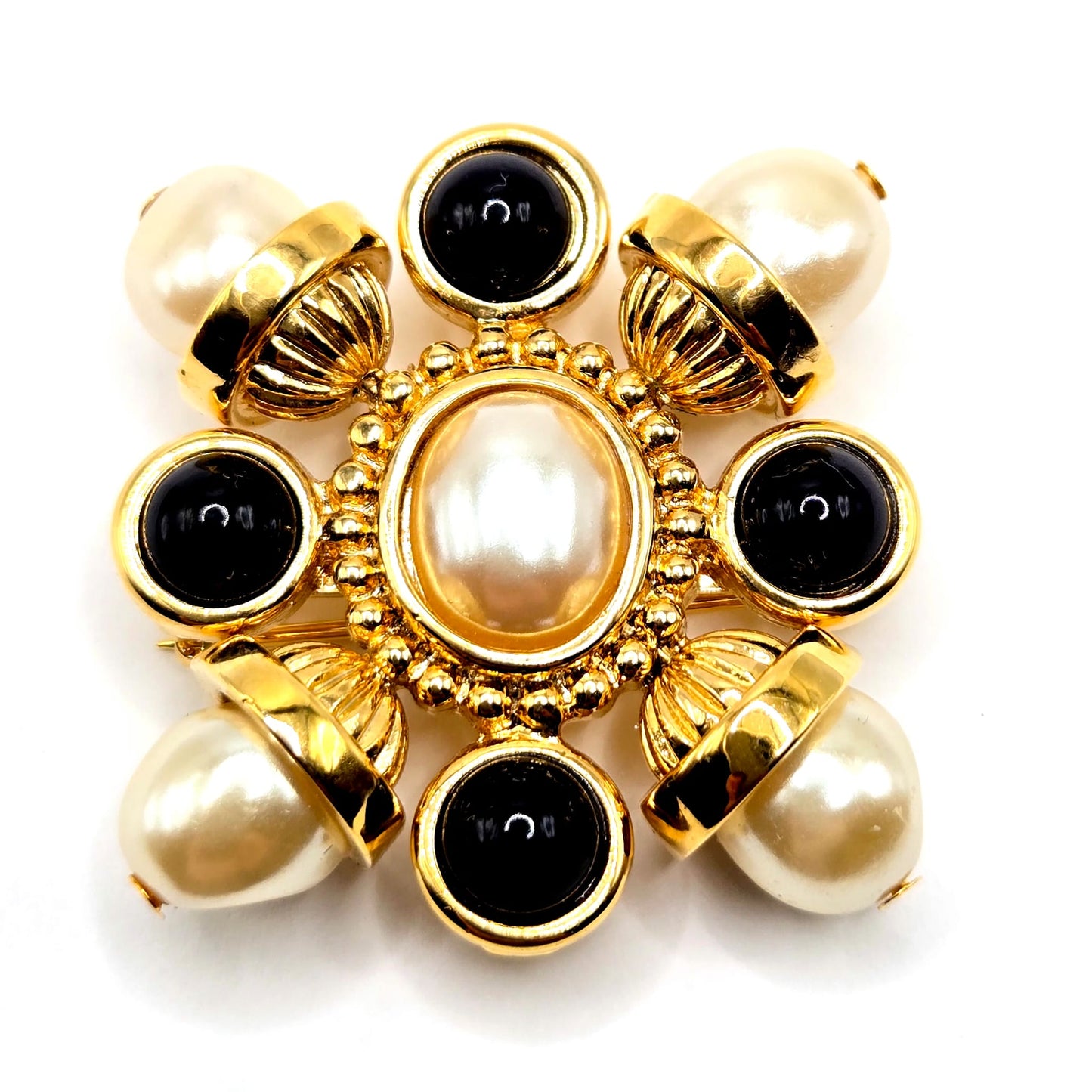 Vintage ST. JOHN Maltese Cross Gold tone Black Cabochons And Faux Pearls Classic Statement Brooch pin