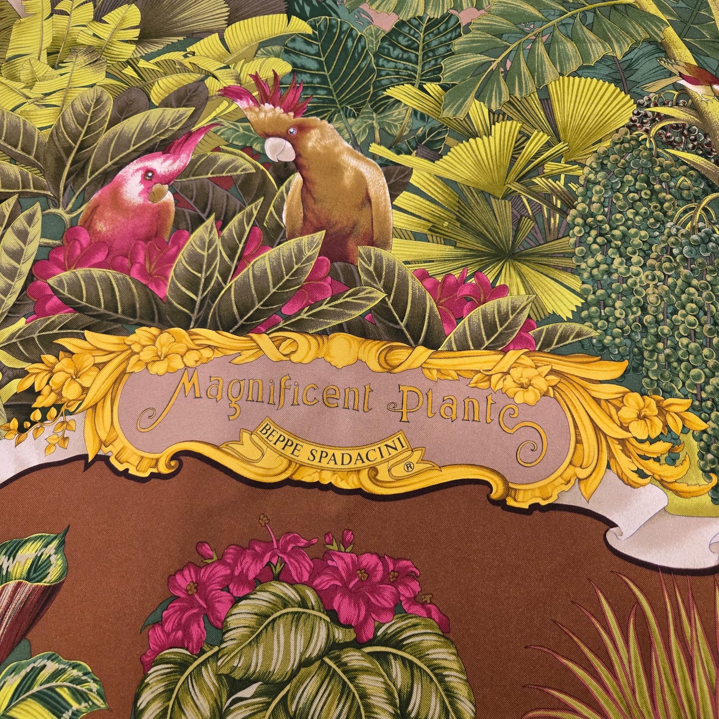 Vintage BEPPE SPADACINI magnificent plants bird floral botanical silk scarf 34x34