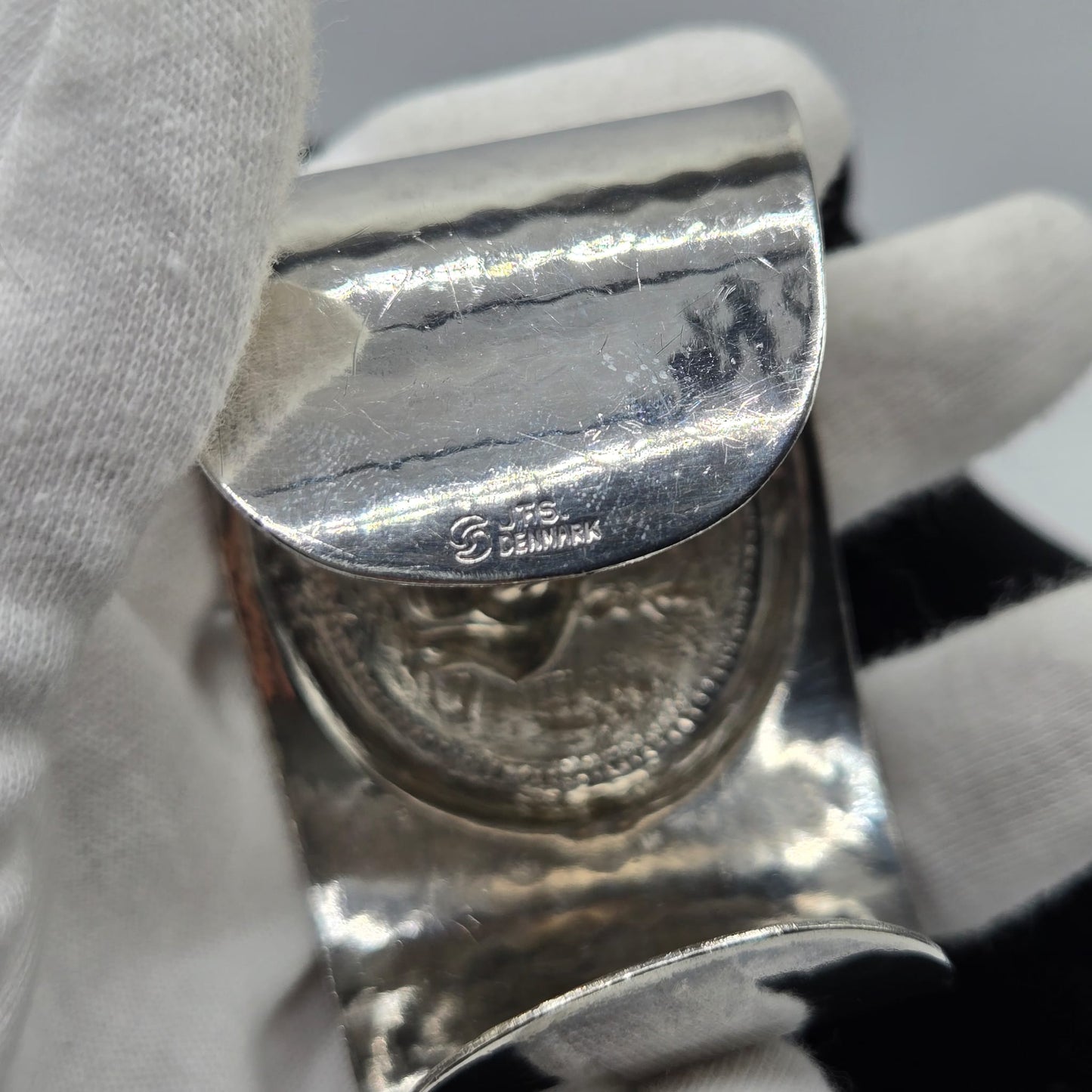 Vintage Jorgen Th. Steffensen Denmark signed wide silver tone cuff bracelet