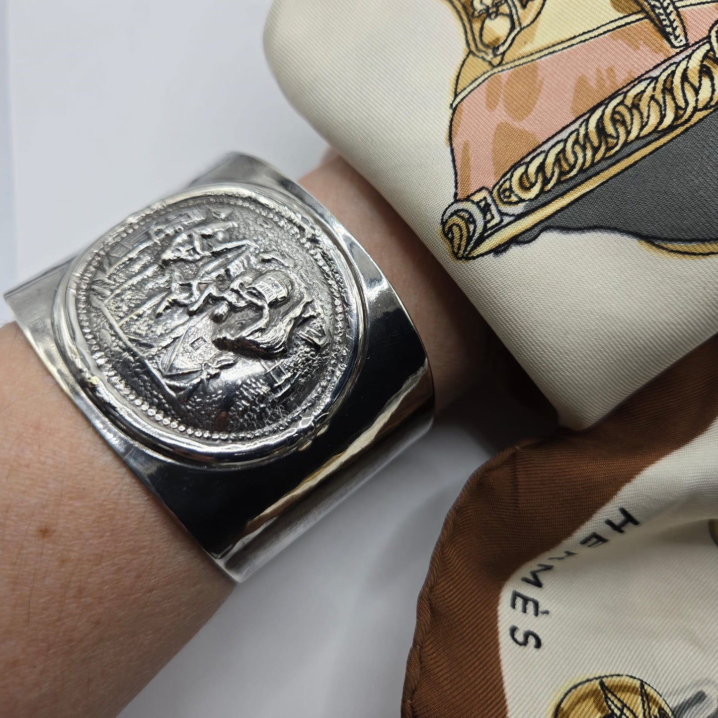 Vintage Jorgen Th. Steffensen Denmark signed wide silver tone cuff bracelet