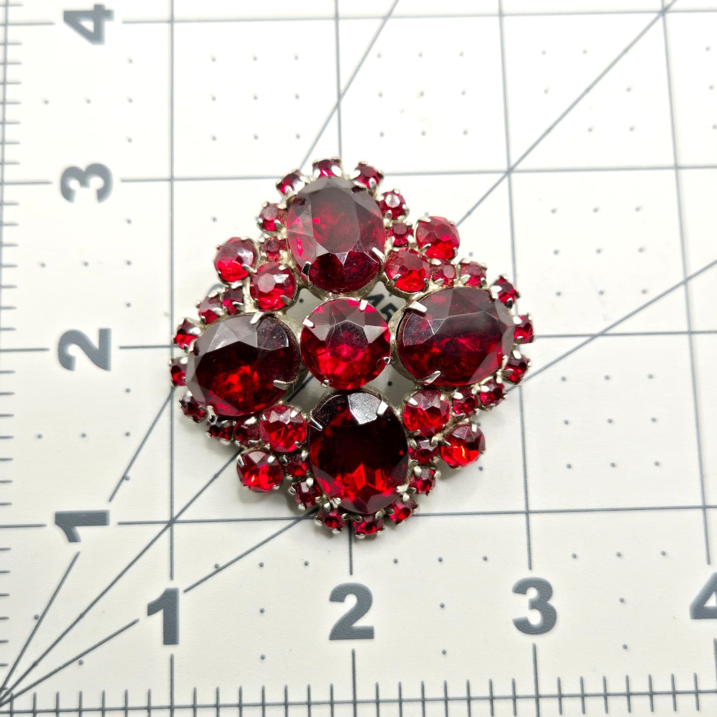 Vintage Ruby Garnet Rhinestones Cross silver tone designer runway Brooch pin