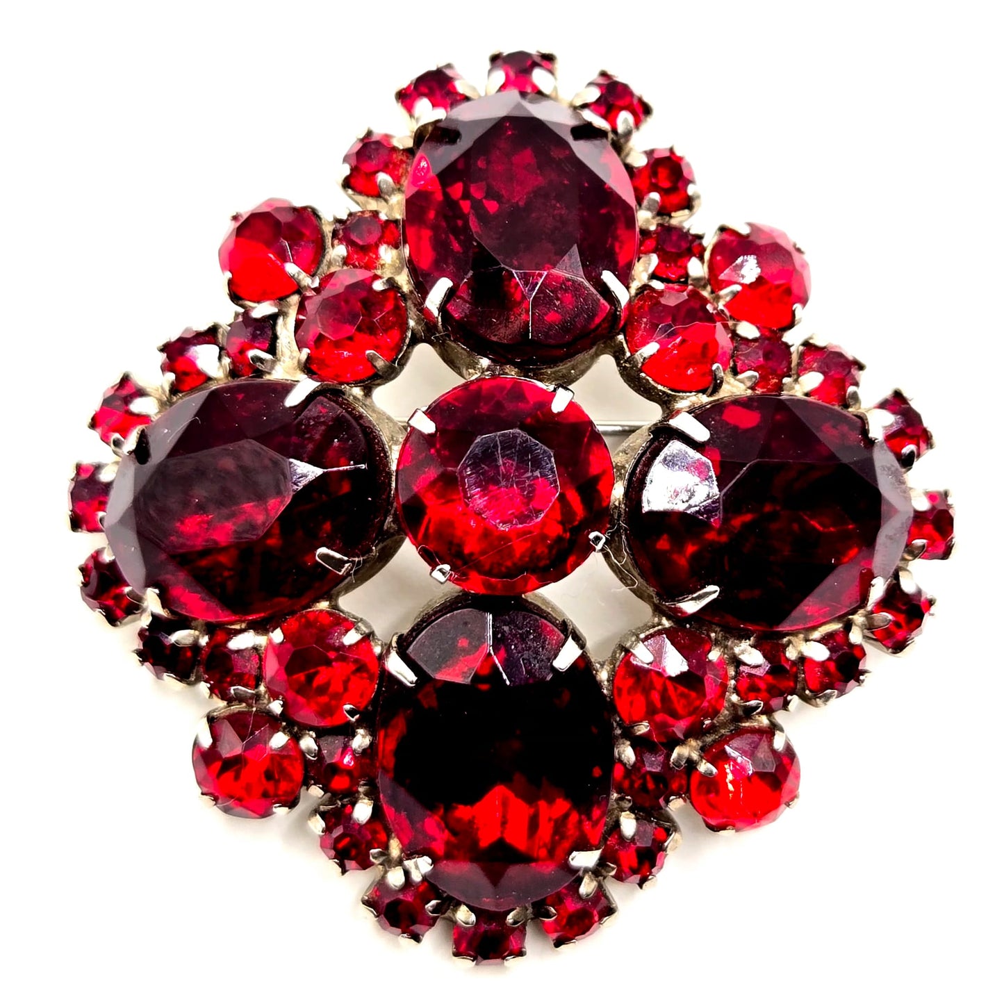 Vintage Ruby Garnet Rhinestones Cross silver tone designer runway Brooch pin