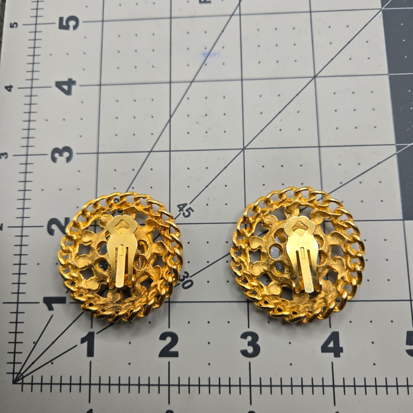 Vintage Huge Designer Runway Round Faux Blue sapphire Cabochon Chain Gold tone clip on earrings