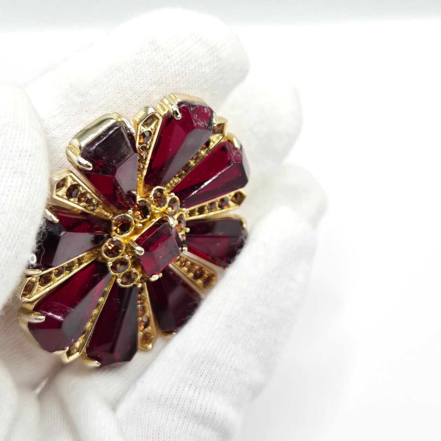 Vintage CAROLEE Maltese Cross Ruby Red Glass, Rhinestones gold tone open back Brooch pin