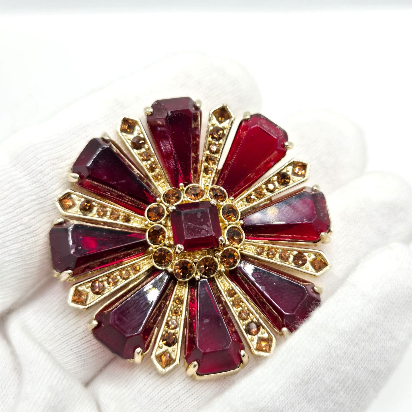 Vintage CAROLEE Maltese Cross Ruby Red Glass, Rhinestones gold tone open back Brooch pin