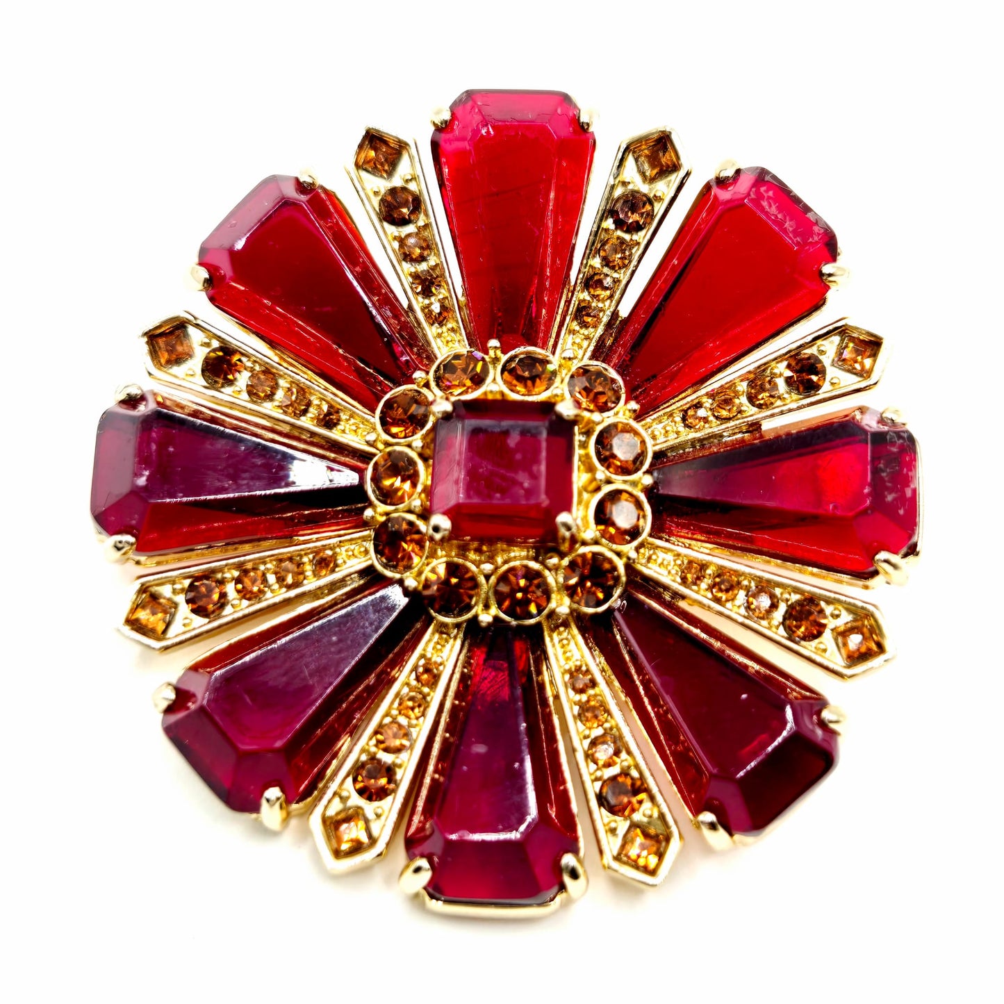 Vintage CAROLEE Maltese Cross Ruby Red Glass, Rhinestones gold tone open back Brooch pin
