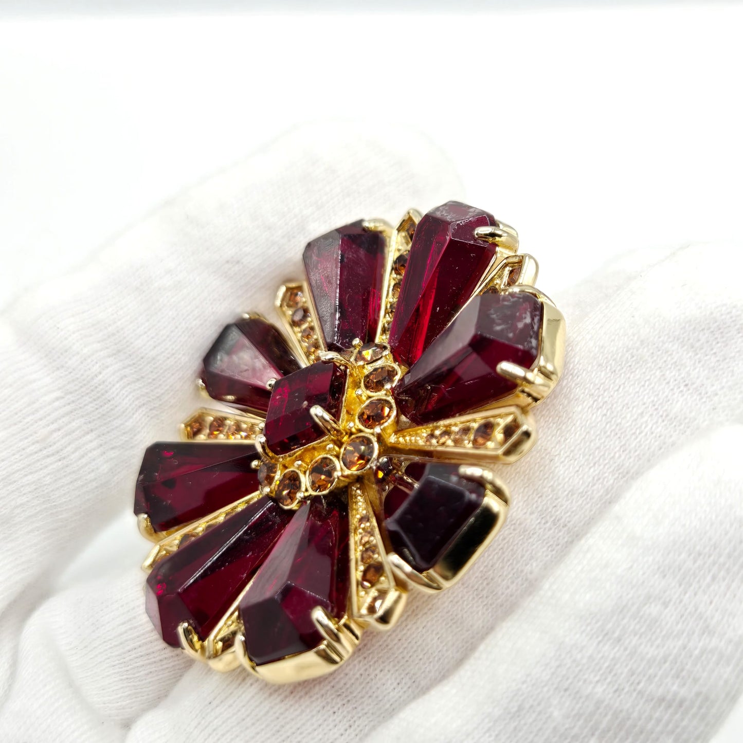 Vintage CAROLEE Maltese Cross Ruby Red Glass, Rhinestones gold tone open back Brooch pin