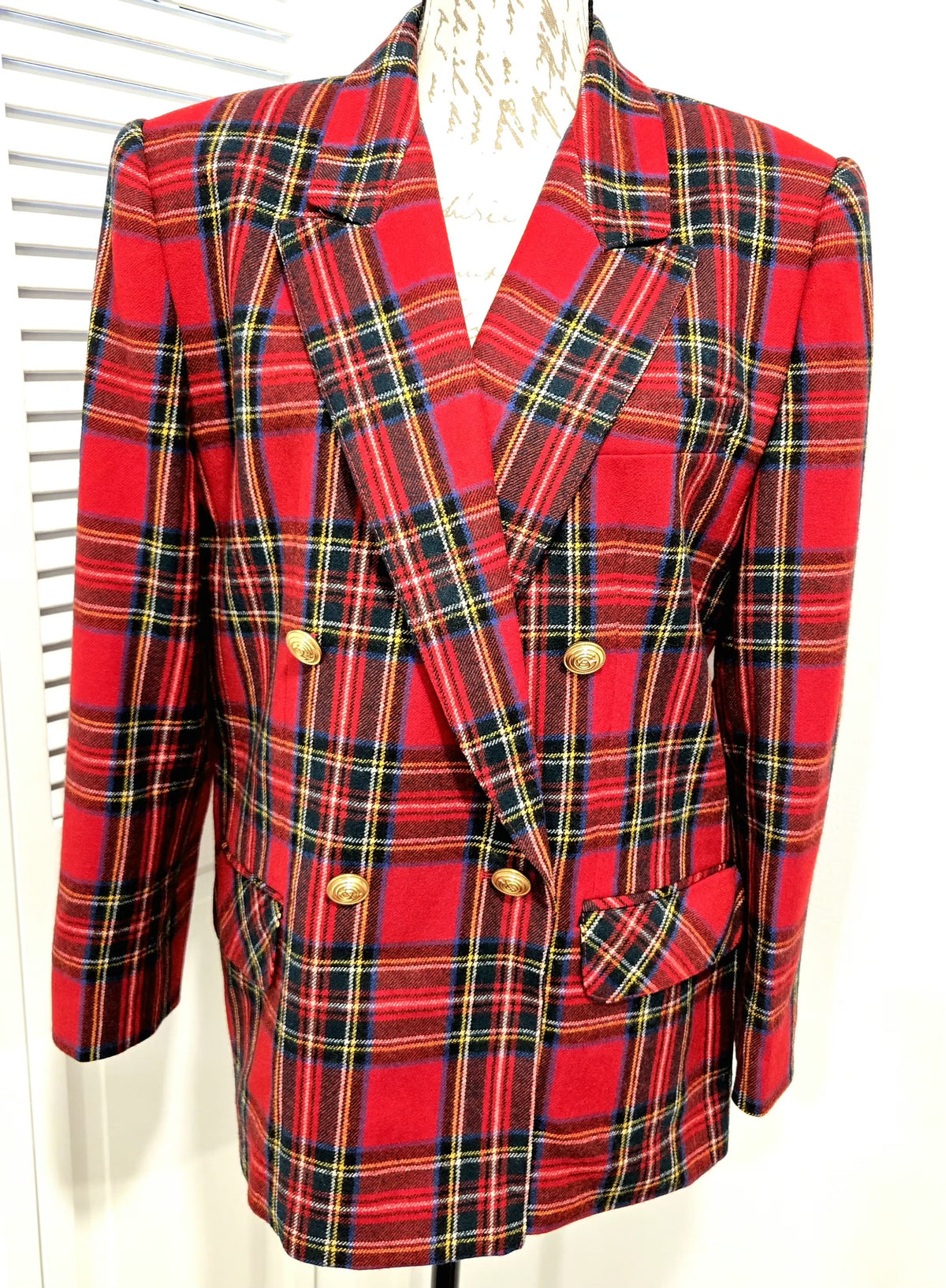 Vintage 80s GIORGIO SANT’ANGELO Red Tartan Plaid Wool Blazer Brass Buttons Sz 12 M-L